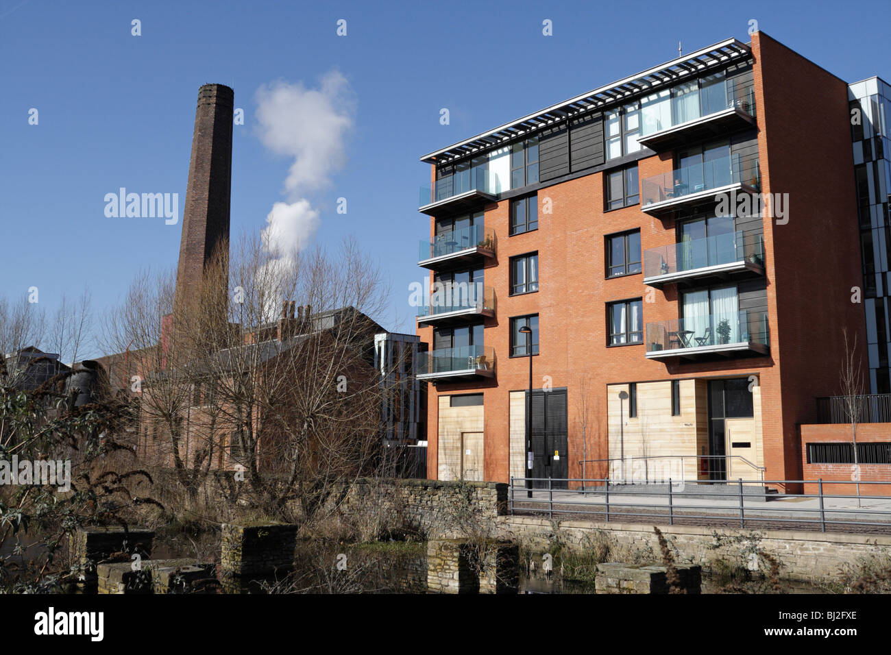 Appartamenti moderni che ospitano e vecchio camino industriale a Kelham Island a Sheffield Inghilterra, Urban Revolubling living Foto Stock