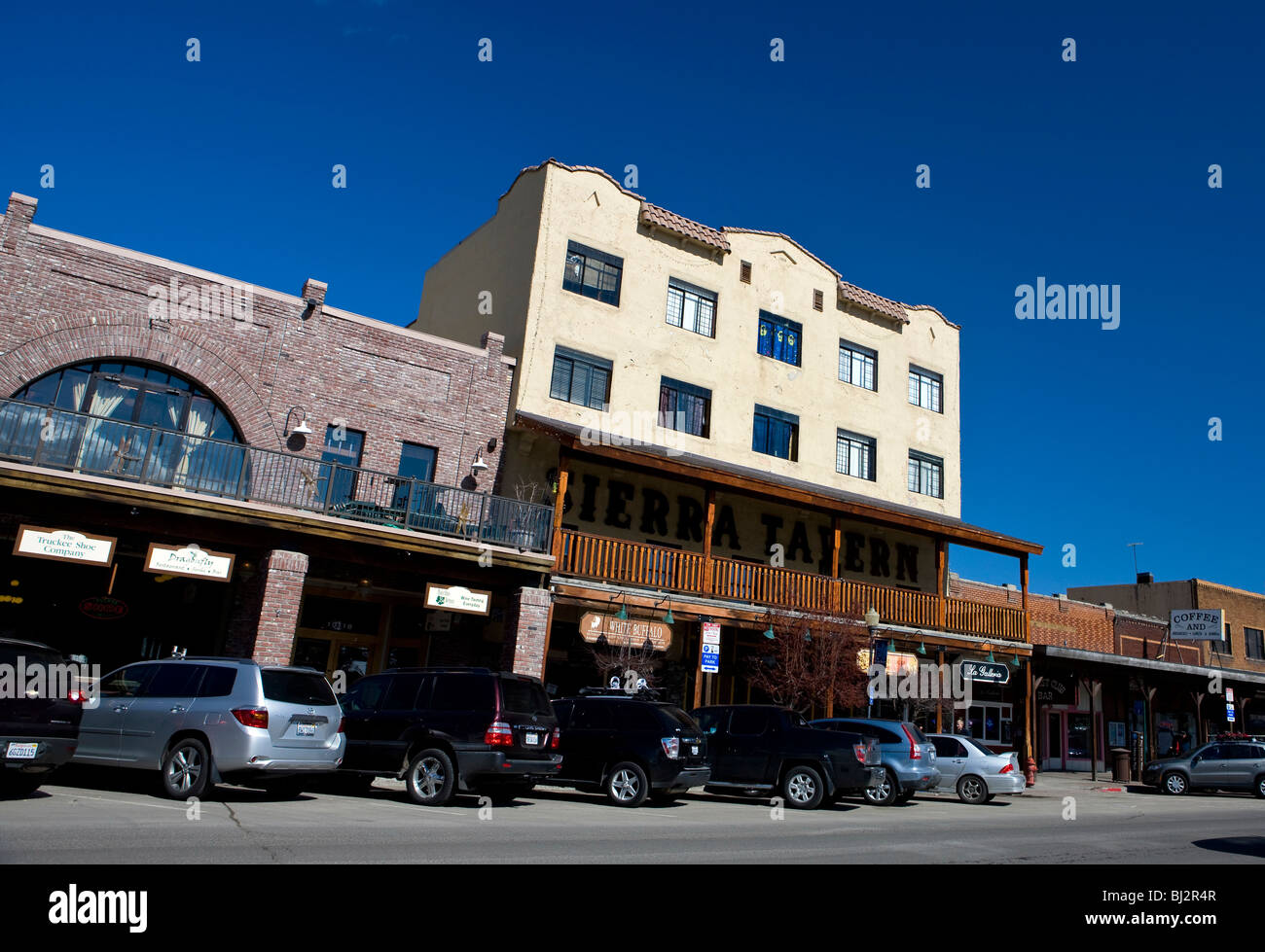 Street View di Sierra Hotel e negozi, Truckee, California, Stati Uniti d'America Foto Stock