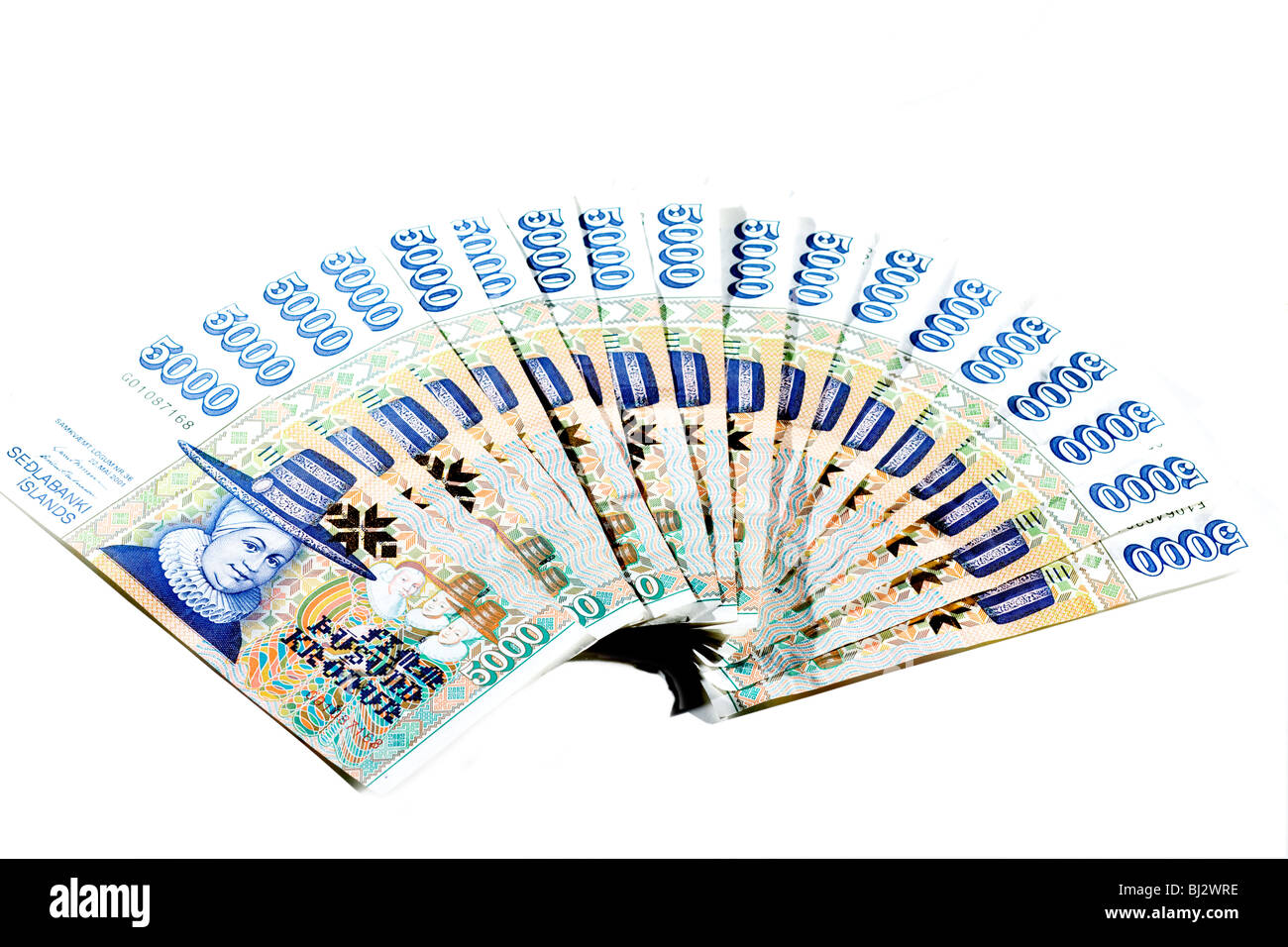 Banconote corona islandese divertente isolato su sfondo bianco Foto Stock