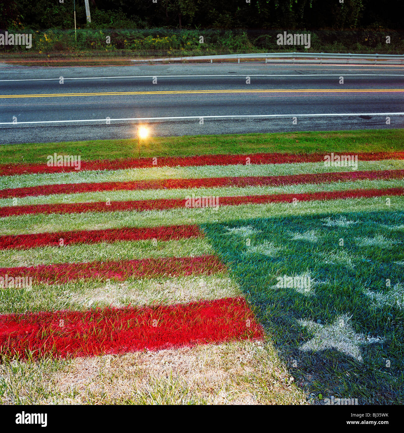 Un aerosol-spruzzata American a stelle e strisce bandiera su una banchina grassy knoll una settimana dopo il 9/11 attacchi. Foto Stock