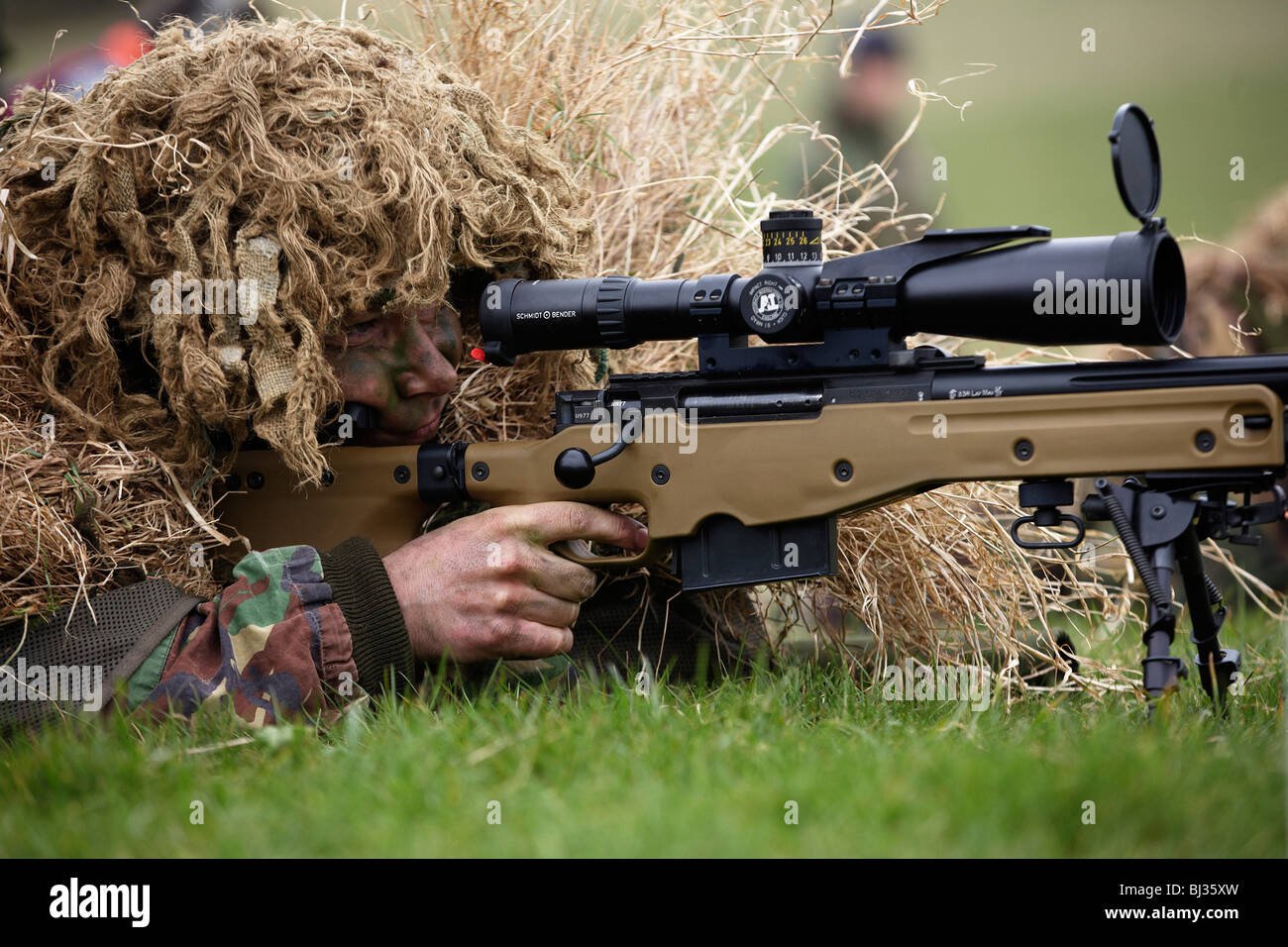 Sdraiato sul suo stomaco, un mimetico di fanteria britannica sniper è visto guardando giù il mirino telescopico di L115A3 fucile. Foto Stock