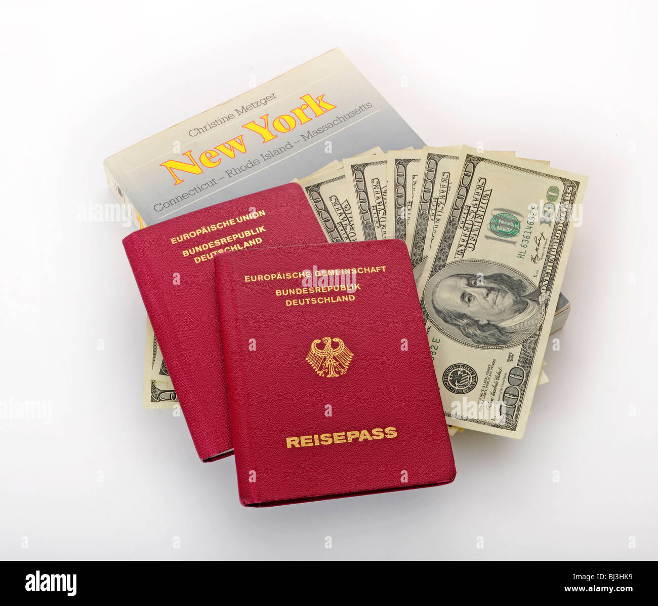 Guida di viaggio negli Stati Uniti, New York, tedesco di passaporti, diverse 100-fatture del dollaro Foto Stock
