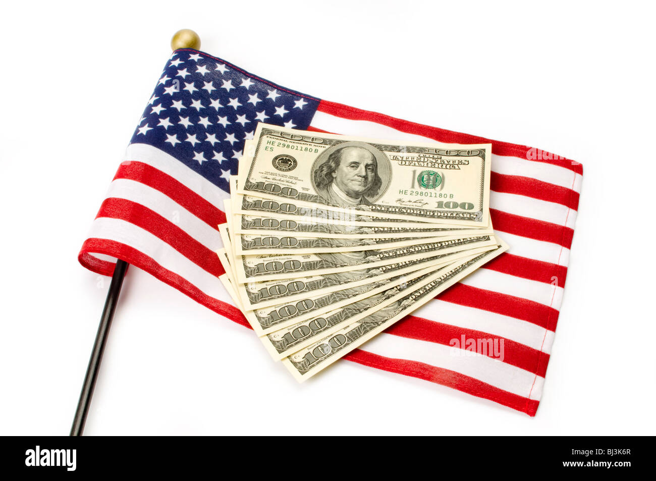 Soldi con la bandiera americana Foto Stock