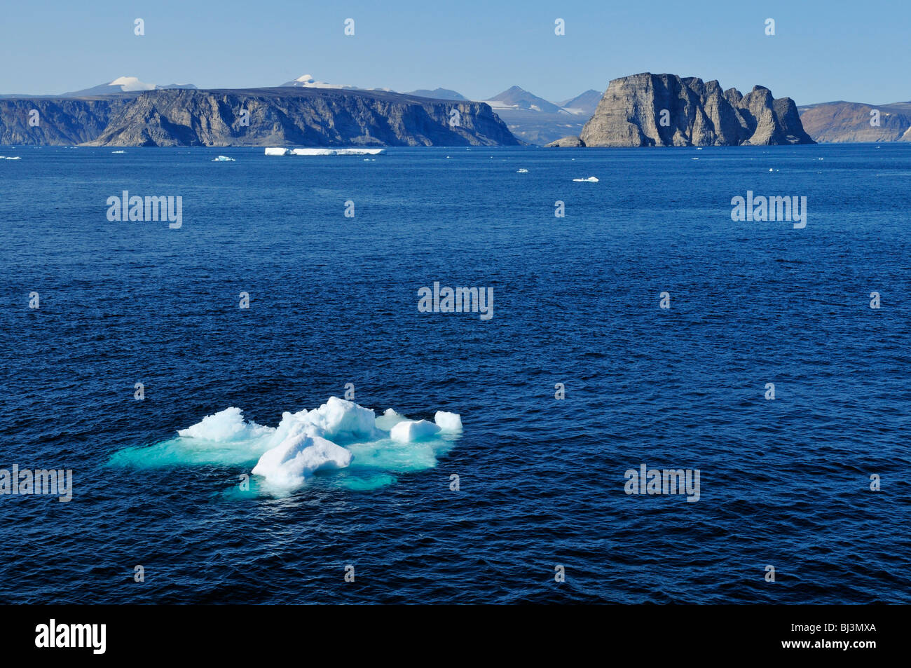 Il drifting Arctic ice, bergy bit, a Sunnshine fiordo, Isola Baffin, Nunavut, Canada, Arctic Foto Stock