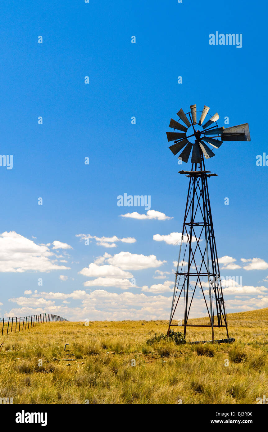 Windmill Rural New South Wales Australia // RURAL NEW SOUTH WALES, Australia — Un mulino a vento solitario si erge alto contro il vasto paesaggio aperto di una fattoria nel nuovo Galles del Sud rurale. L'iconica struttura, sagomata contro il cielo, funge da fonte d'acqua vitale in questo vasto ambiente agricolo. Foto Stock