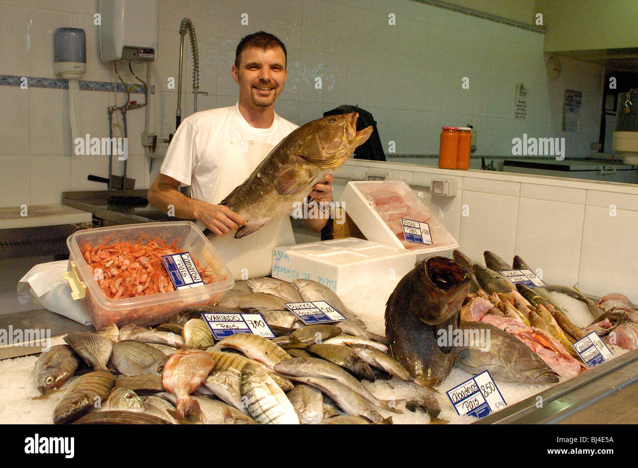 Spagna Isole Canarie Tenerife Santa Cruz, market hall Mercado de N.S. de Africa, pesce stand Foto Stock