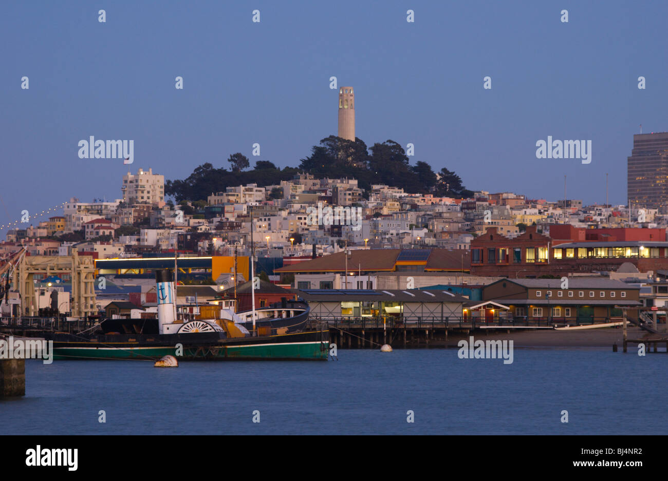 Coit Tower e il Telegraph Hill al crepuscolo, San Francisco, California USA Foto Stock