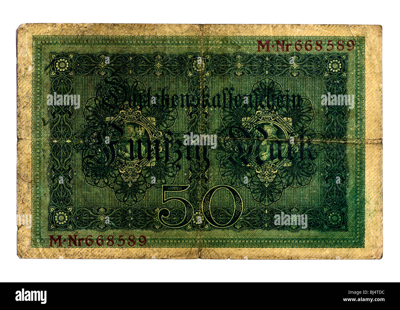 Retro della società di prestito banconota oltre 50 marchi della National Debt Office, Berlino, Germania, 5 Agosto 1914 Foto Stock