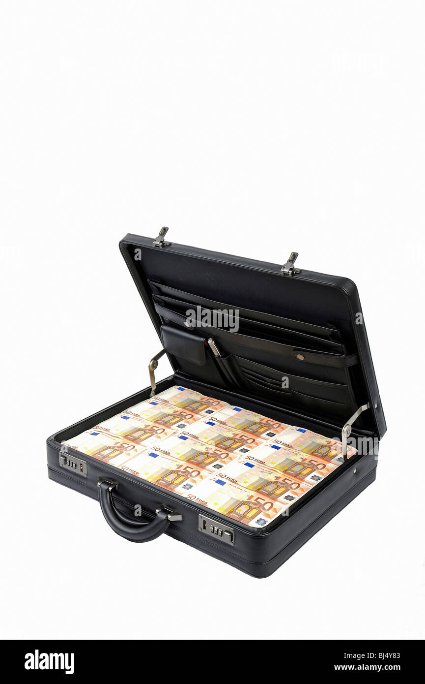 La valigia piena di soldi, 50 euro bills, immagine simbolica per la prosperità, la ricchezza Foto Stock