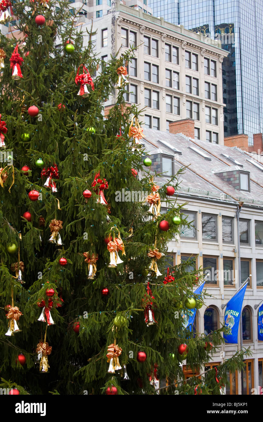 Albero di natale a Faneuil Hall Marketplace, Boston, Stati Uniti d'America Foto Stock