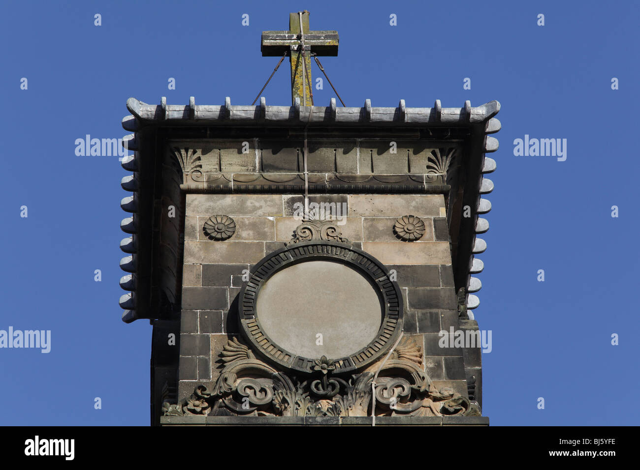 Dettagli architettonici della chiesa di Caledonia Road progettata dall'architetto Alexander 'Greek' Thomson, Glasgow, Scozia, Regno Unito Foto Stock