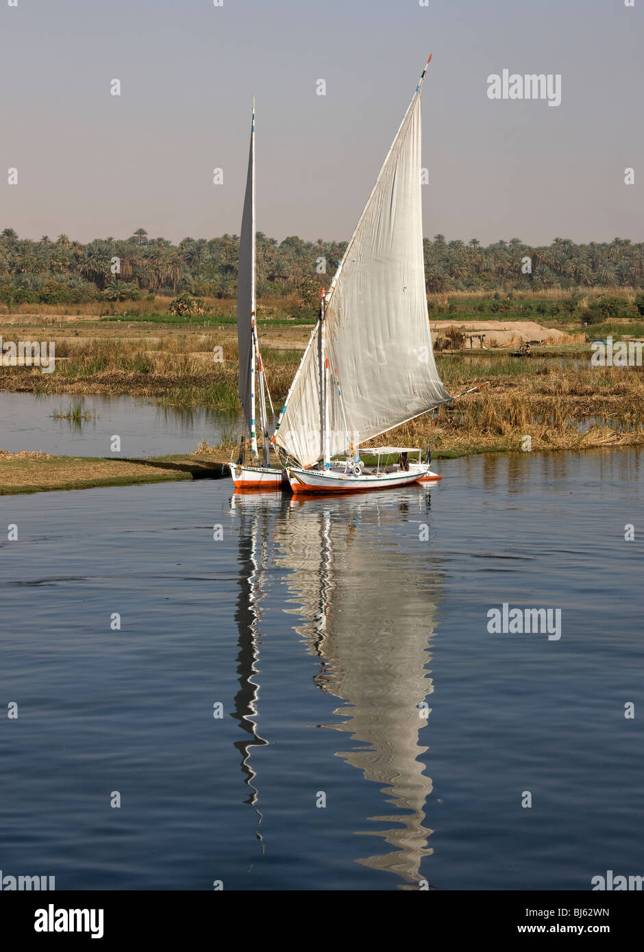 Due feluche fermo lungo la riva del fiume Nilo. Foto Stock