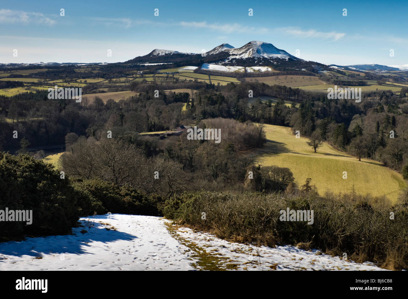 Scott è vista in inverno - famoso panorama di colline Eildon nei confini Scozzesi, apprezzato da Sir Walter Scott Foto Stock