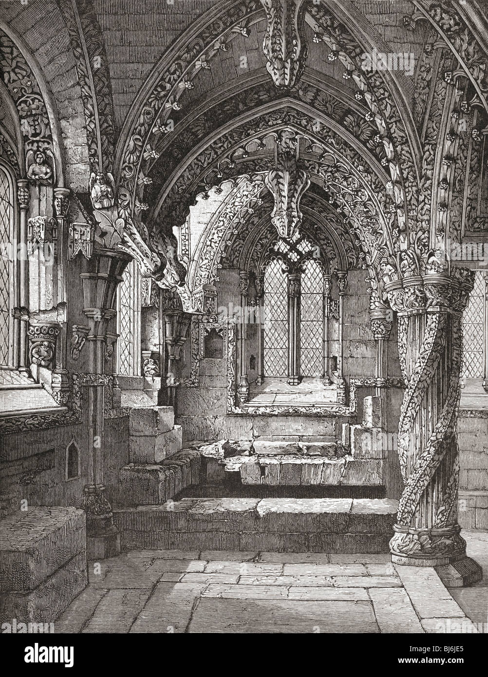Angolo sud-ovest della cappella dedicata alla Vergine, Rosslyn, Roslin, Midlothian, Scozia come era nel XIX secolo. Foto Stock