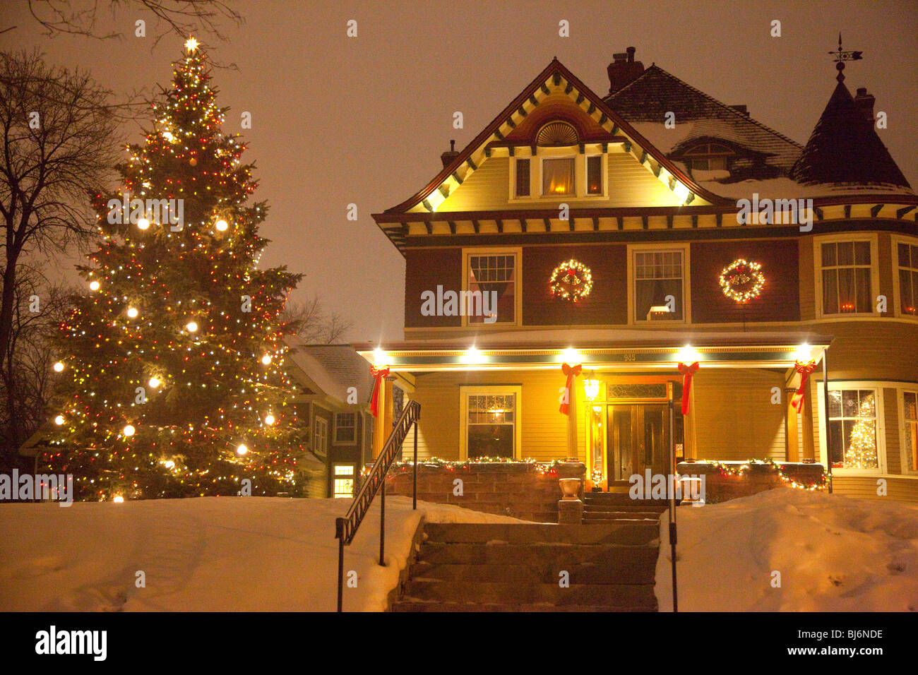 Al di fuori di notturno di albero di Natale e decorate casa. St Paul Minnesota USA Foto Stock