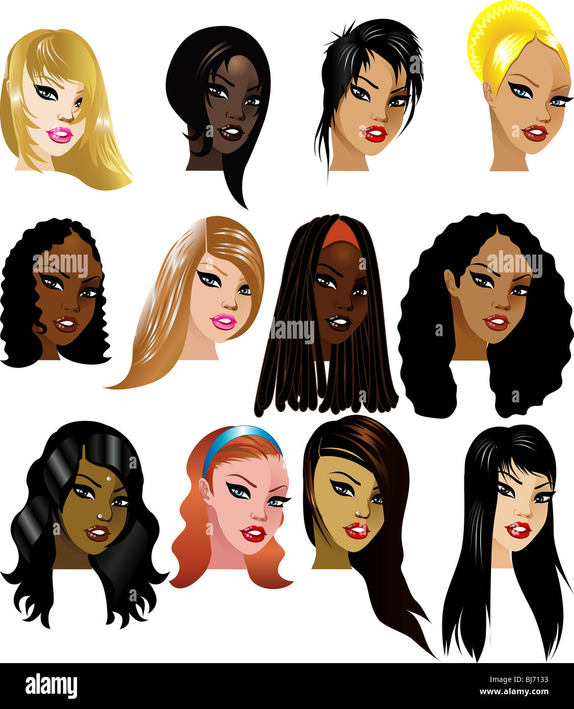 Illustrazione Vettoriale di 12 donne facce 3. Ottimo per gli avatar, trucco, i toni della pelle o dei capelli stili di donne. Foto Stock