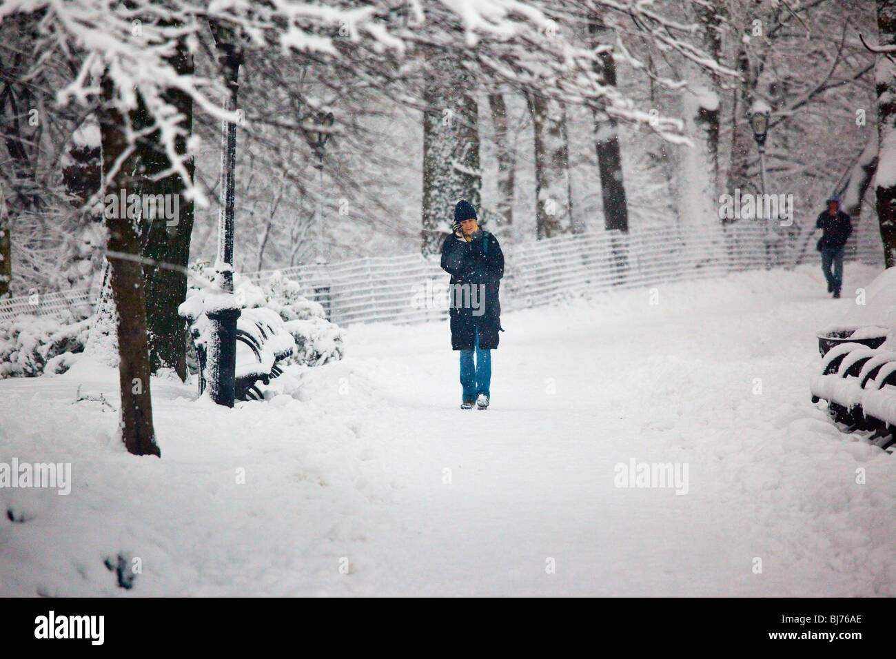 Giovane donna parlando sul suo cellulare, inverno, al Central Park di New York City Foto Stock