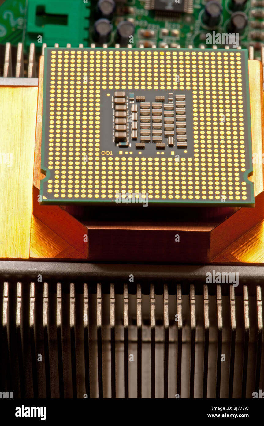 Il microprocessore del computer sul dissipatore di calore / refrigeratore Foto Stock