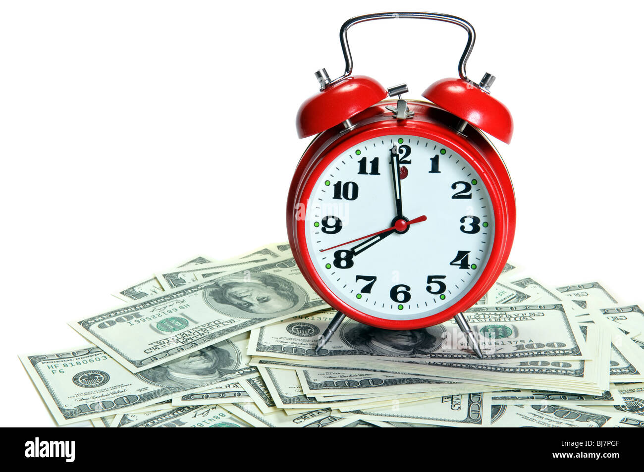 Sveglia rossa sul denaro - il tempo è denaro concetto. Spazio per il testo Foto Stock