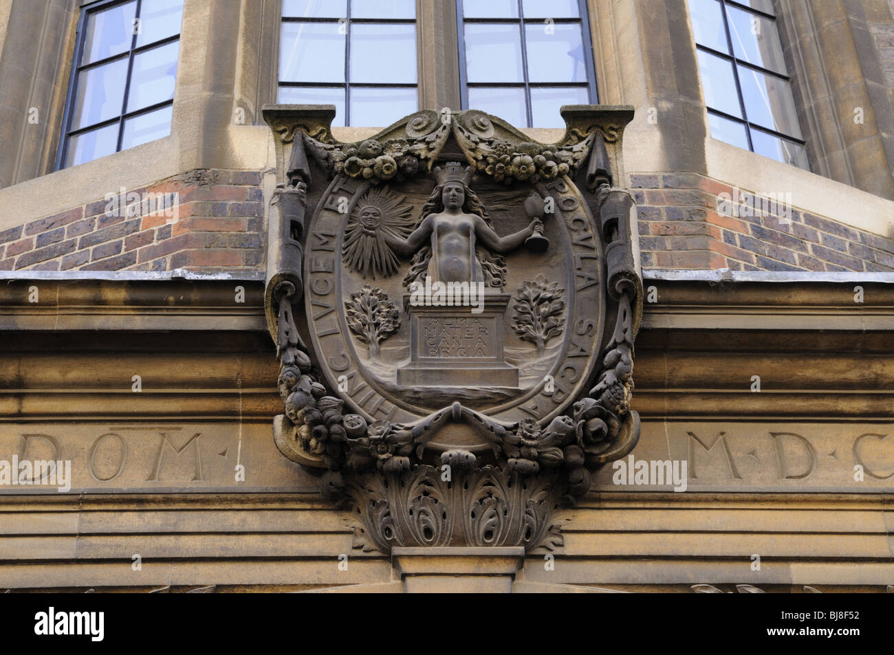 Sollievo carving con iscrizione "Alma Mater Canta Brigia' sulla Sedgwick Museum Sito, Downing Street, Cambridge, Inghilterra, Regno Unito Foto Stock