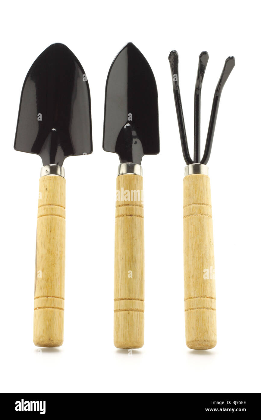 Utensili da giardinaggio in piedi su sfondo bianco Foto Stock