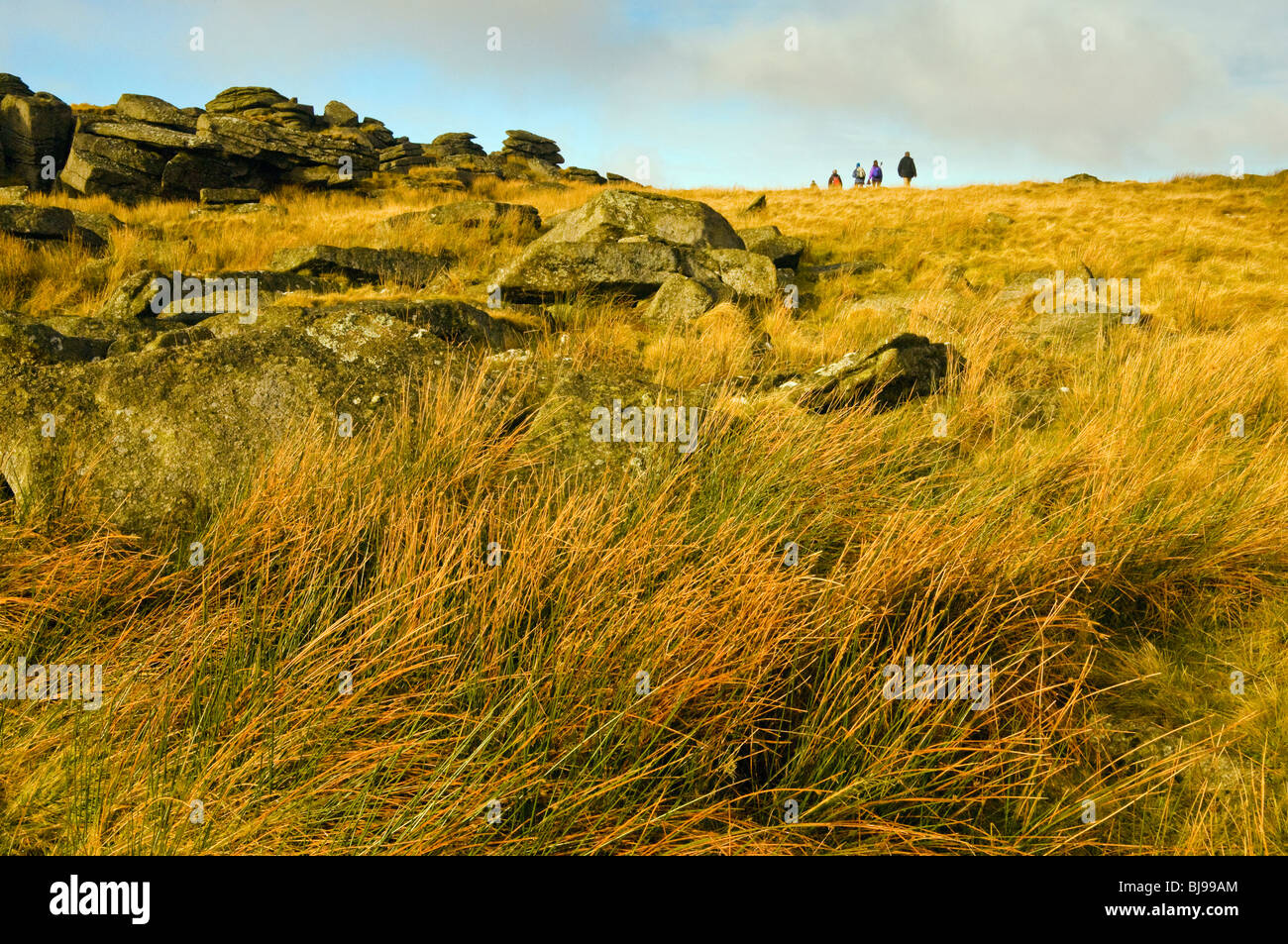Walkers sul lontano orizzonte in una cornice selvaggia di rocce e giunchi, Dartmoor Devon Foto Stock