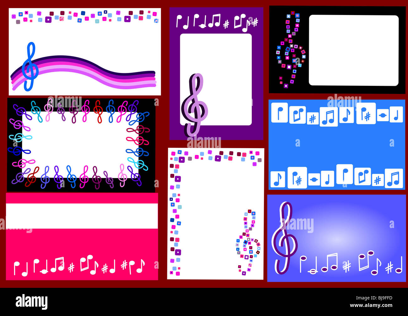 Business cards (biglietti da visita) con motivi musicali - G clef, punti e doga Foto Stock