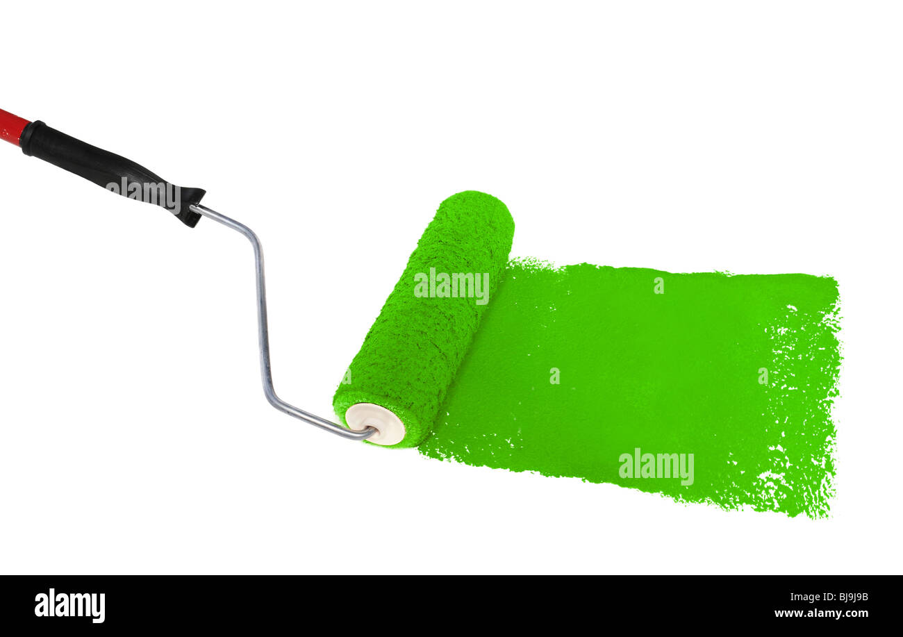 Rullo con della vernice verde su sfondo bianco Foto Stock