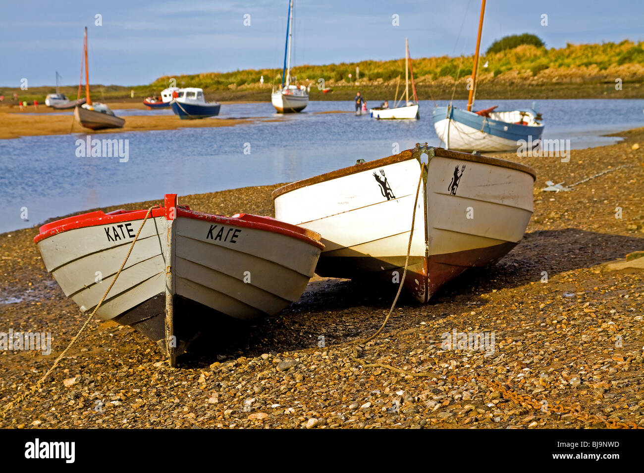 Barche spiaggiata a bassa marea nel porto naturale a Overy Staithe Norfolk Foto Stock