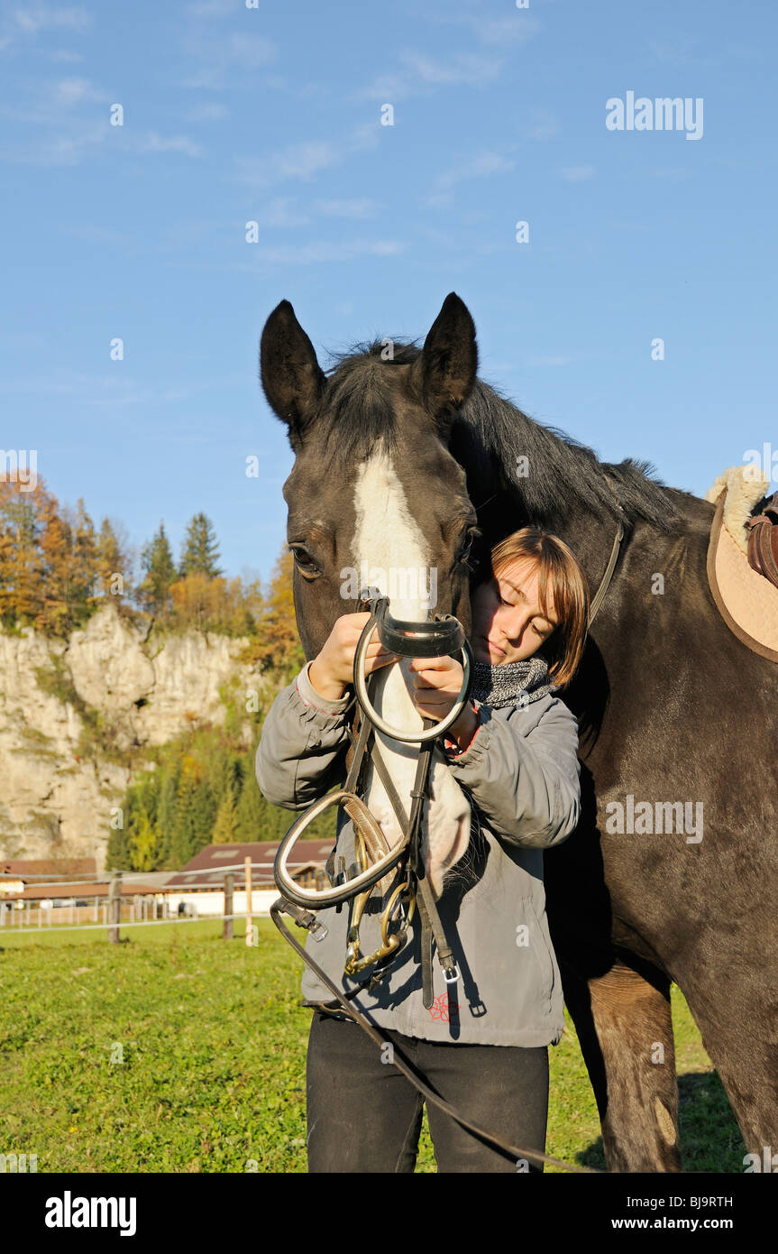 Ragazza trattiene un cavallo con un snaffle bit, stile inglese Foto Stock