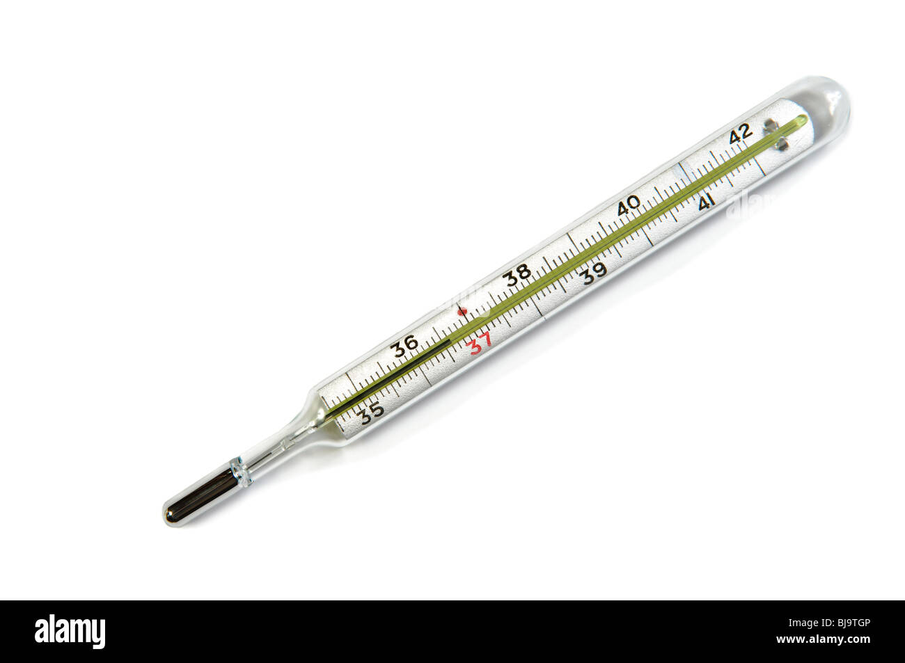 La medicina tradizionale termometro con salute normale 36,6 isolato su bianco Foto Stock