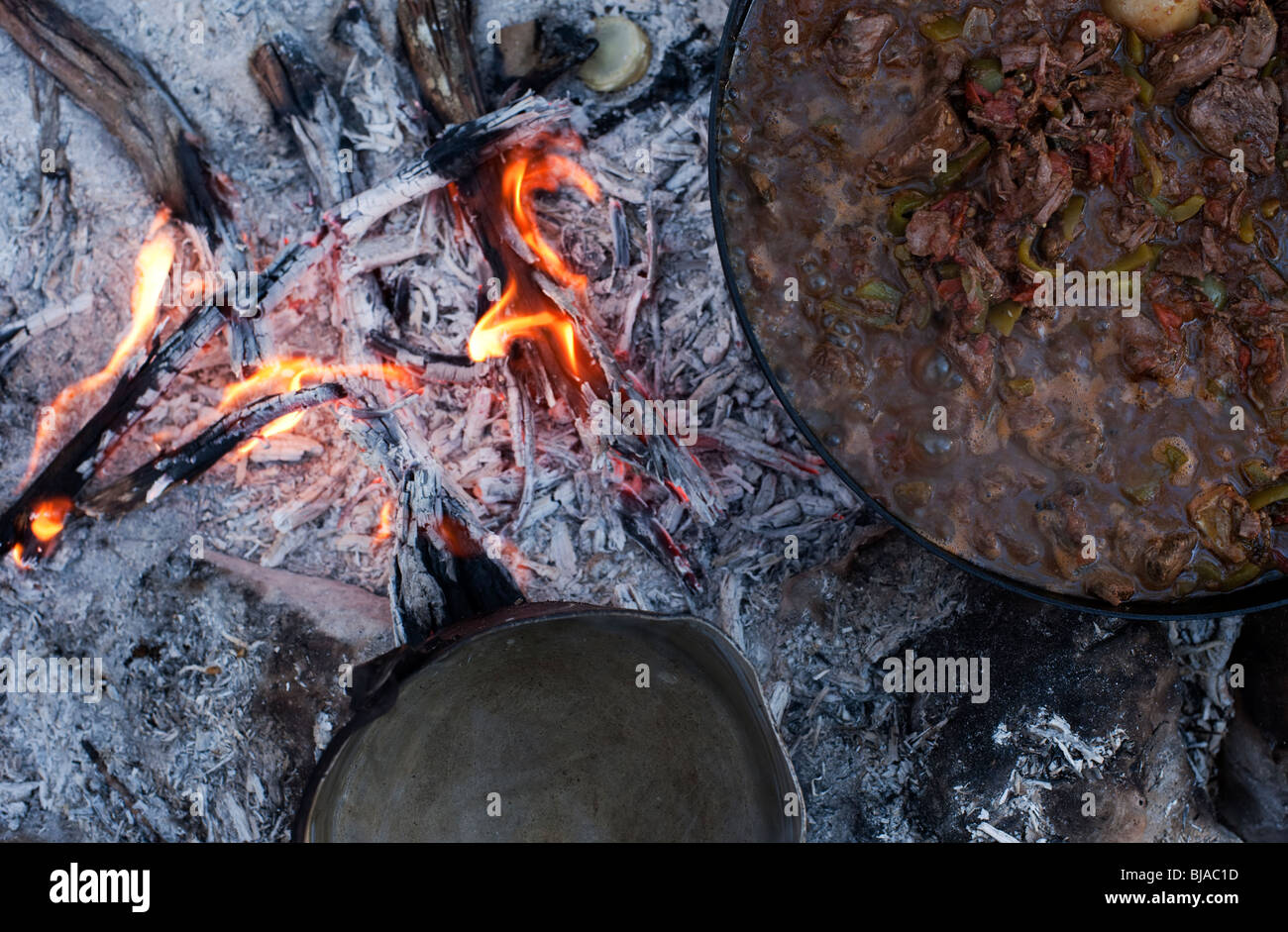 Stufato di carne di canguro e a Billy di acqua cuocere su un fuoco di campo su Kangaroo Island, Sud Australia Foto Stock