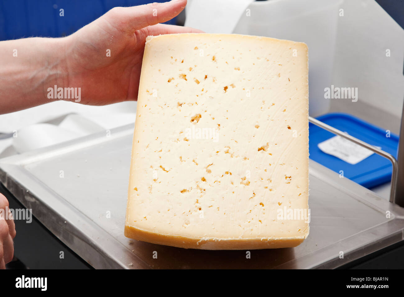 Preparazione Tagliare a metà un formaggio truckle in pezzi per essere venduti in negozi locali e mercati Foto Stock