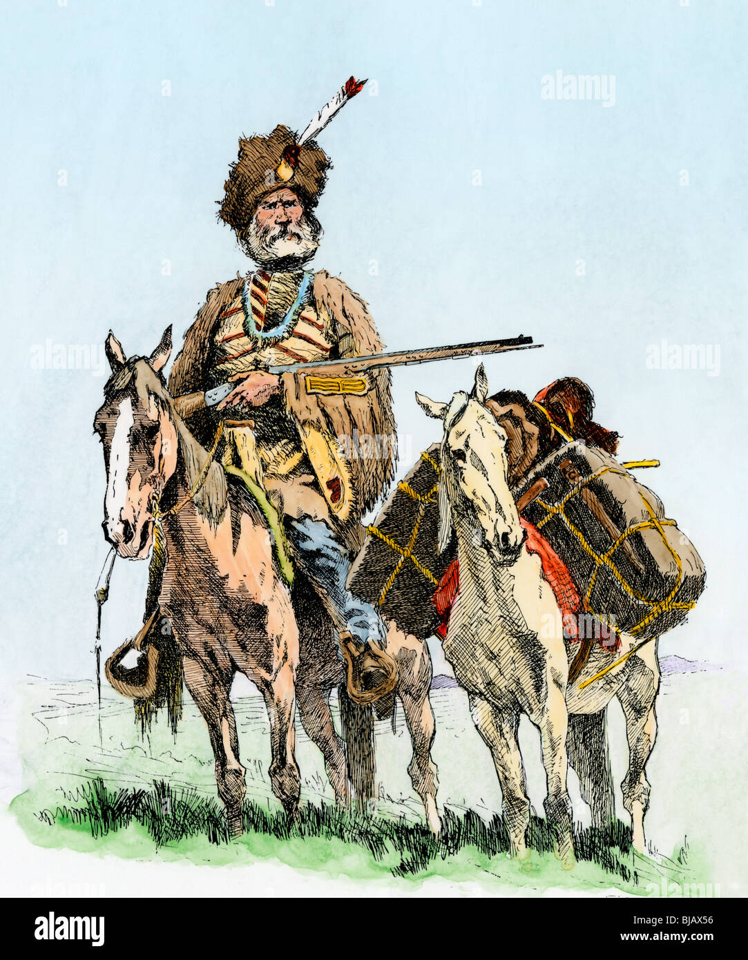 Vecchio uomo di montagna con il suo pack pony caricato con le pellicce. Colorate a mano la xilografia di Frederic Remington illustrazione Foto Stock