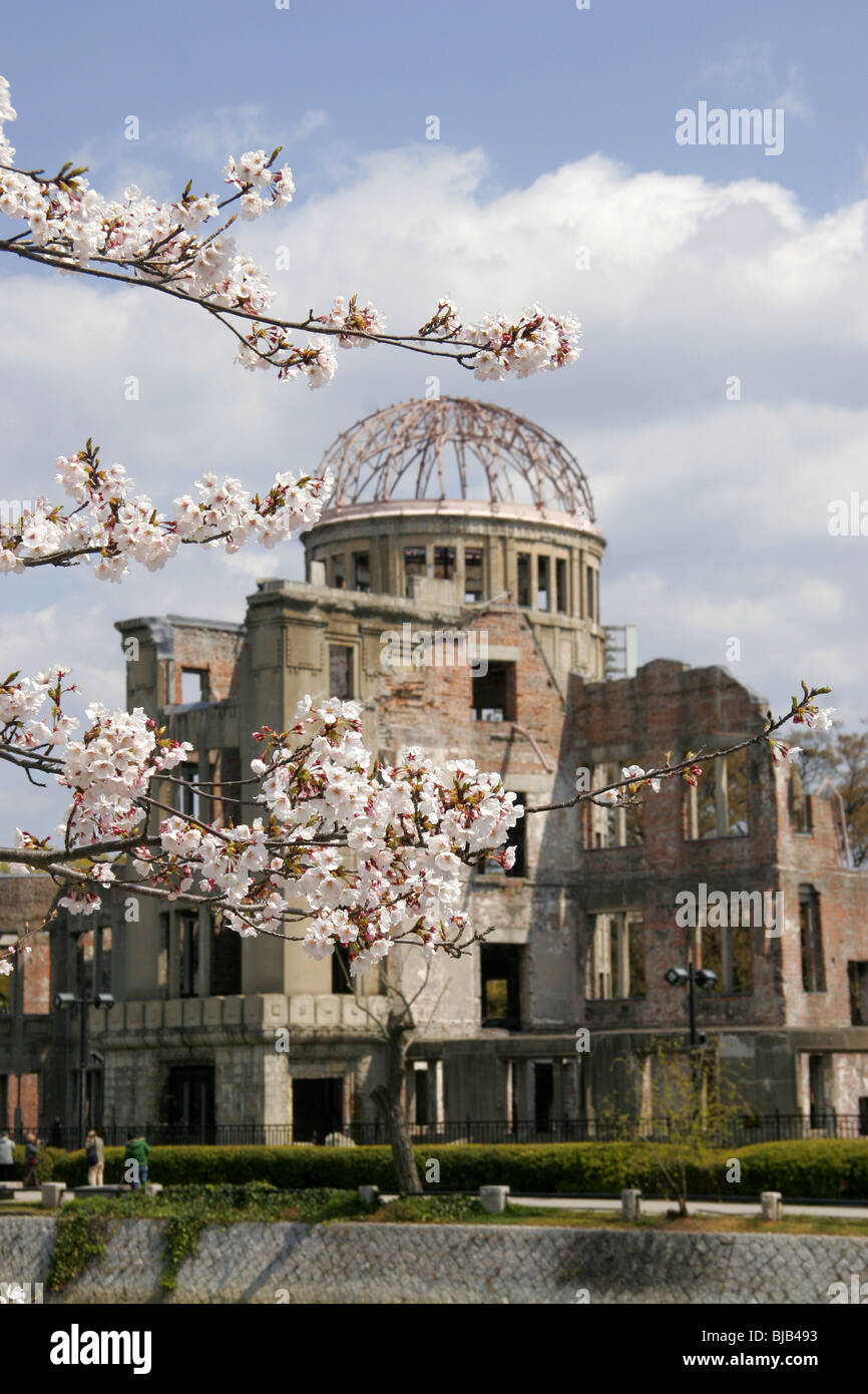 La cupola della bomba di Hiroshima, Giappone con la fioritura dei ciliegi in primo piano Foto Stock