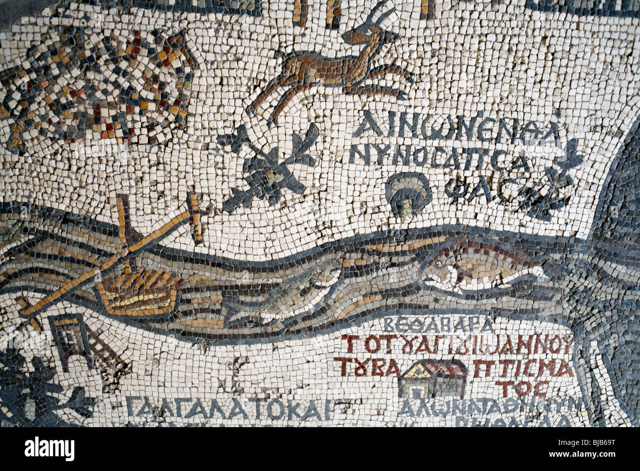 Mosaico della mappa della Terra Santa (560), San Giorgio chiesa greco ortodossa, Madaba, Giordania Foto Stock