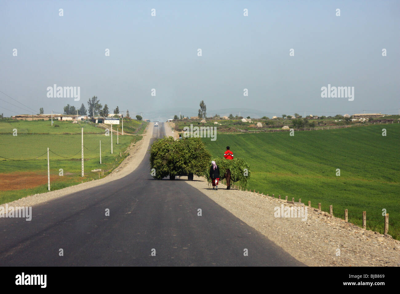 Degli agricoltori che trasportano il loro raccolto lungo una strada rurale nel nord-ovest del Marocco Foto Stock