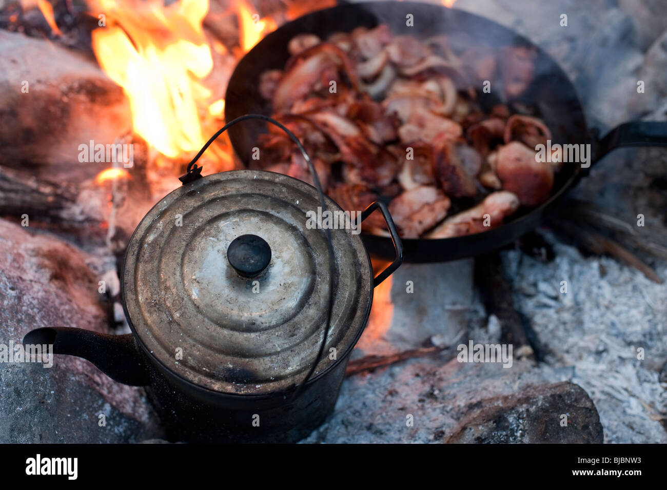 Friggere il bacon e un punto di ebollizione di billy può su un fuoco di campo su Kangaroo Island, Sud Australia Foto Stock