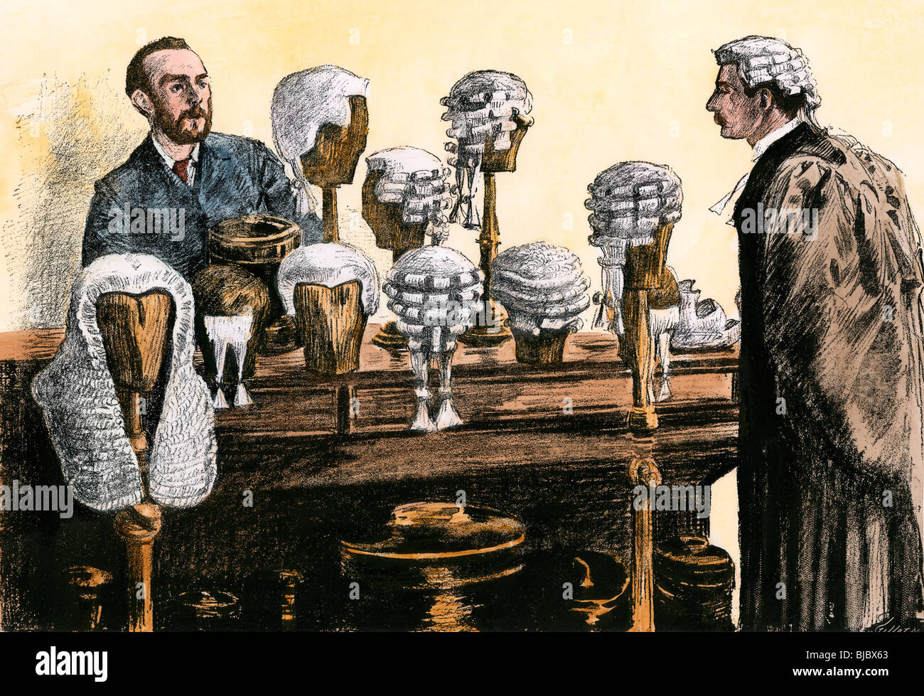 Avvocato selezionando il corretto parrucca di comparizione in tribunale, Londra, 1800s. Colorate a mano la xilografia Foto Stock