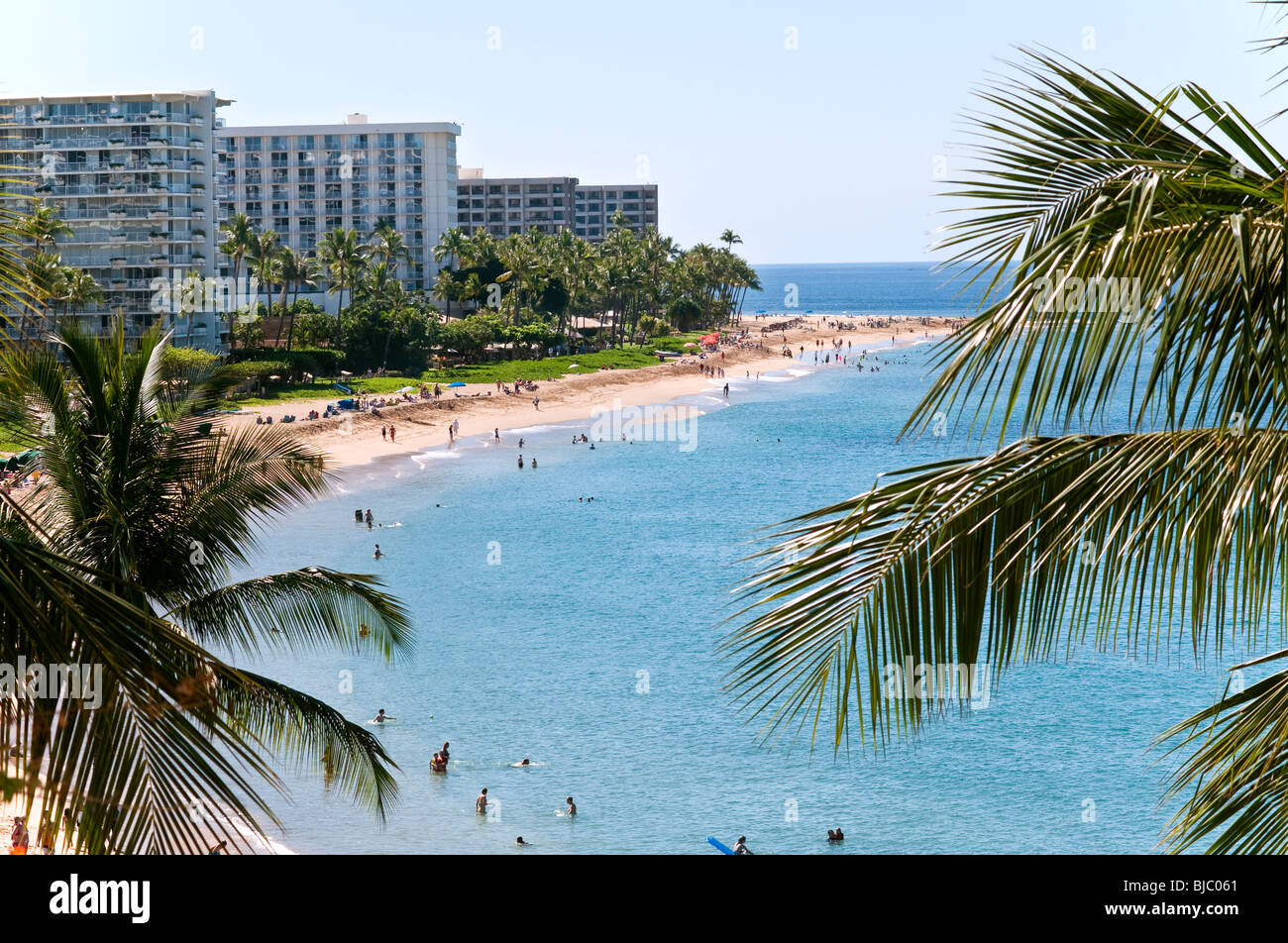 Costantemente votato uno dei migliori spiagge del mondo spiaggia di Kaanapali di Maui Hawaii. Presi dallo Sheraton Black Rock Foto Stock