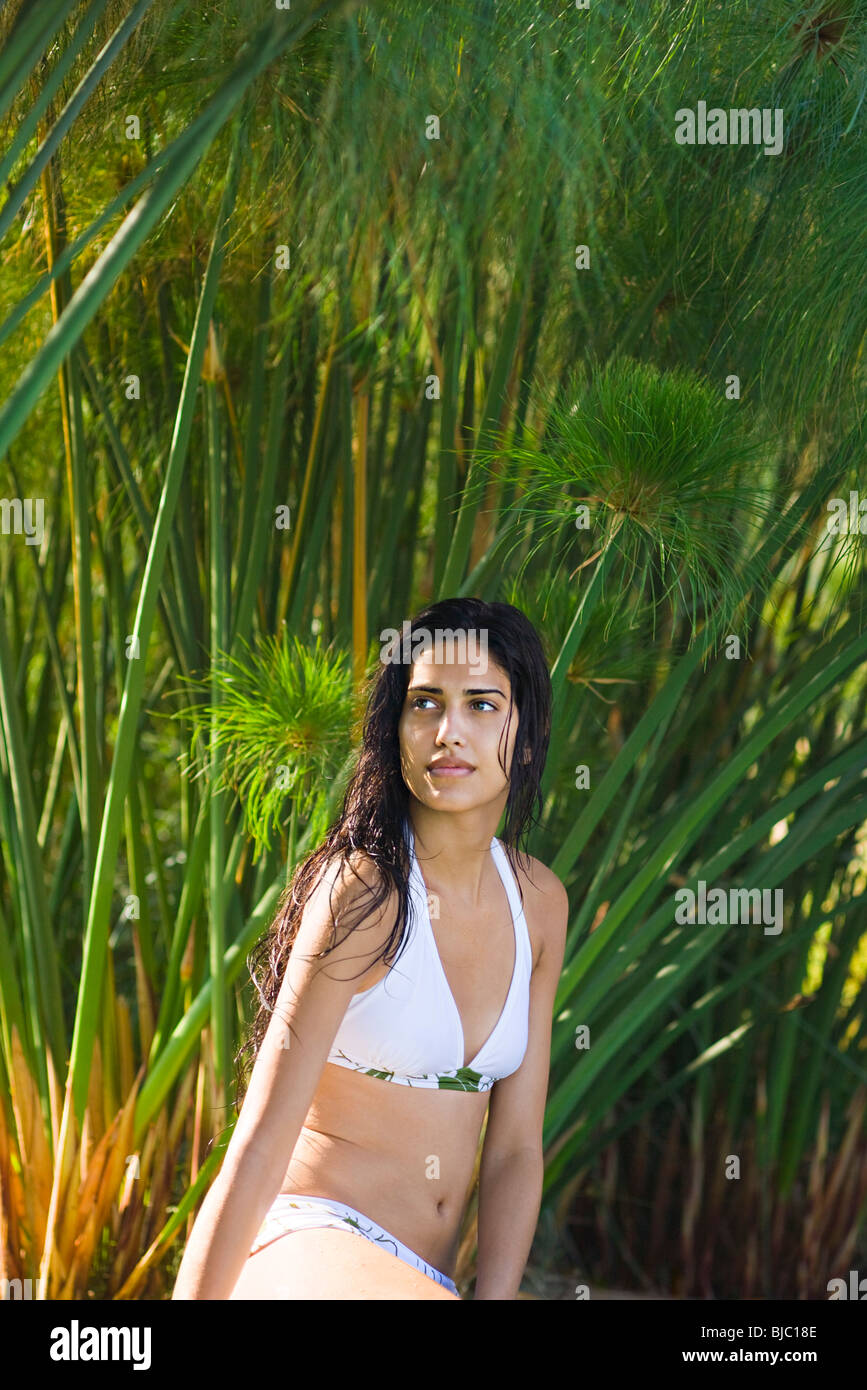 Donna che indossa un bikini, in posa di fronte di piante di papiro Foto Stock