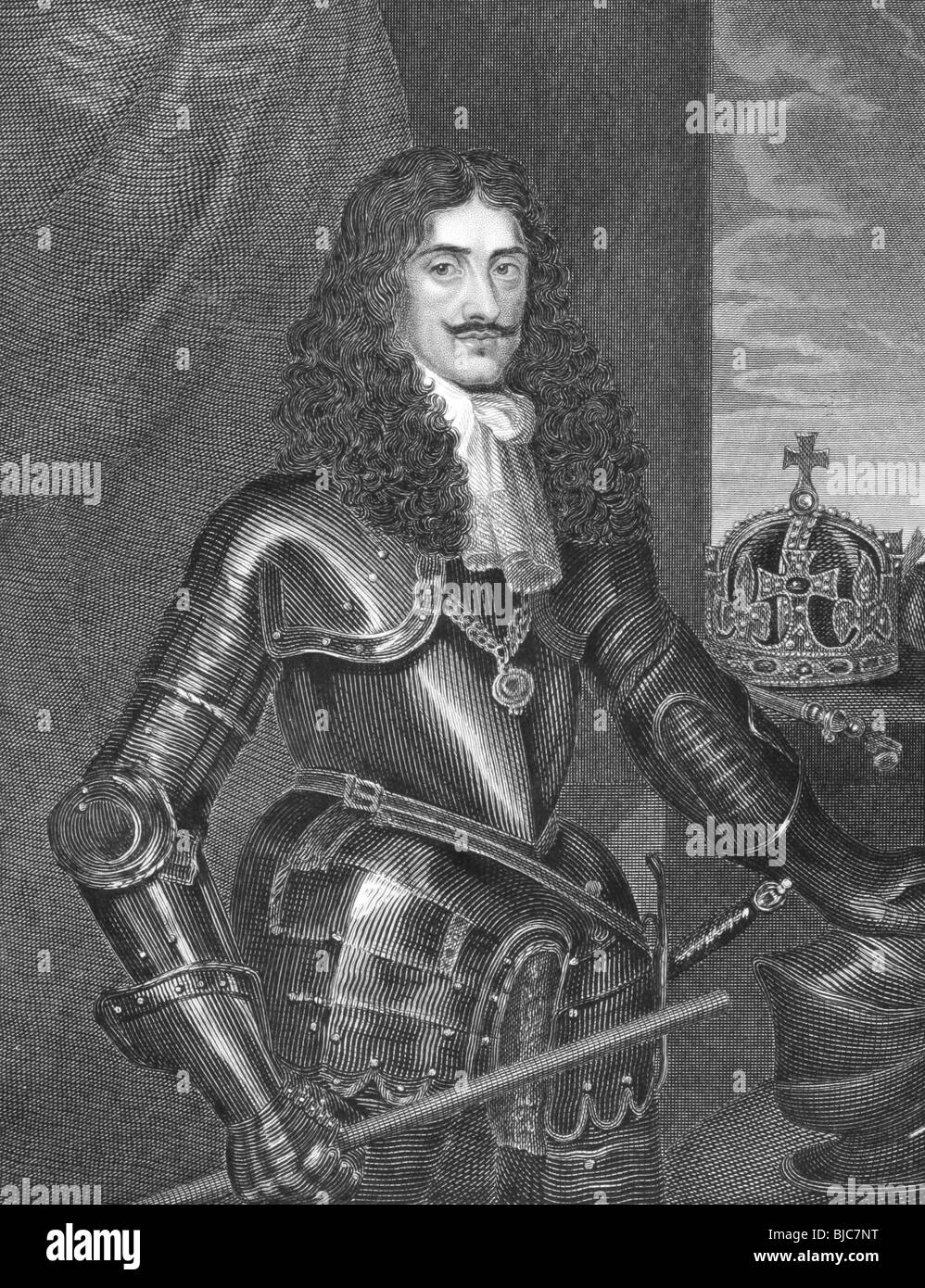 Carlo II (1630-1685) su incisione dal 1800s. Re d'Inghilterra, in Scozia e in Irlanda nel corso del 1660-1685. Foto Stock