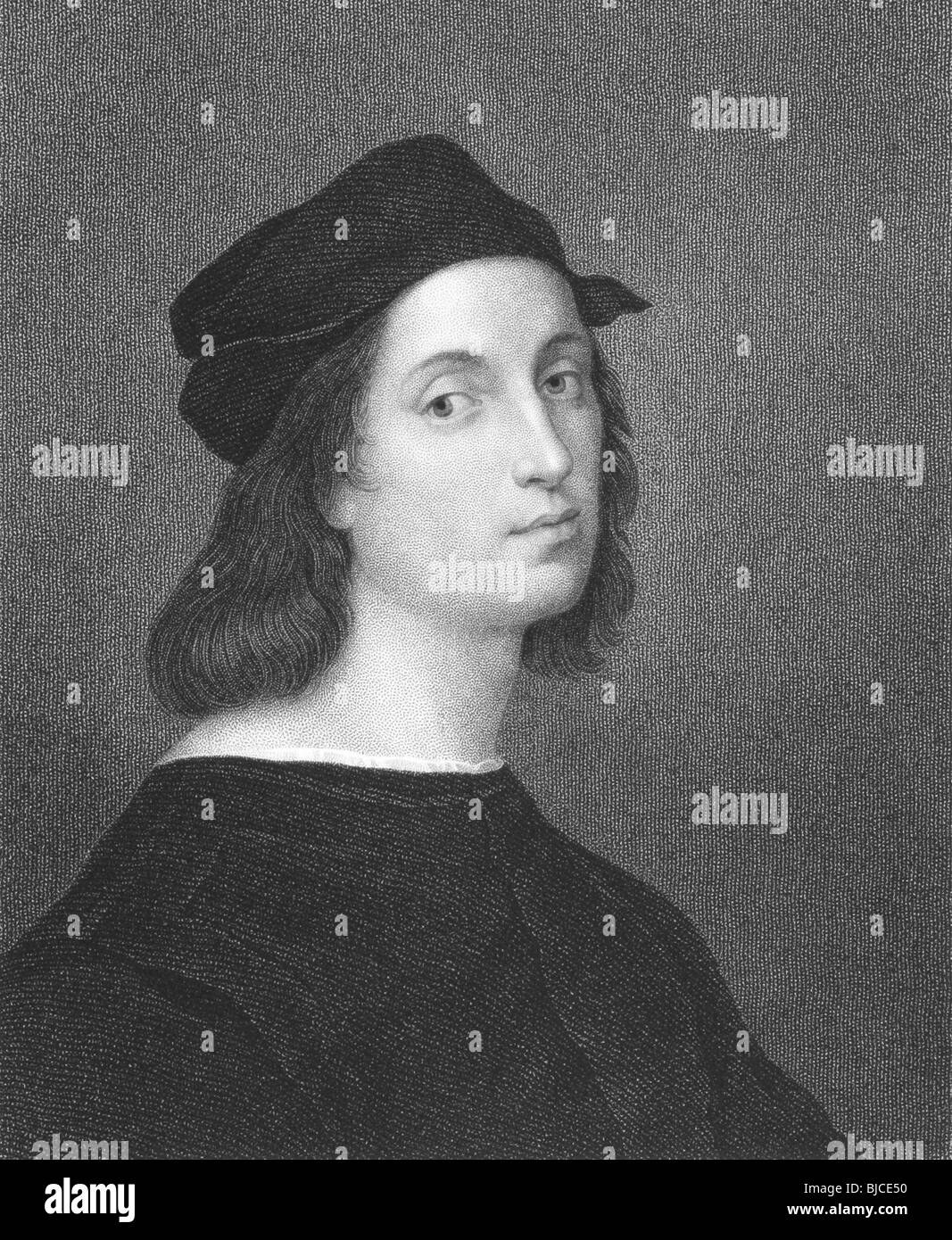 Raphael (1483-1520) su incisione dal 1800s. Pittore italiano e architetto del Rinascimento. Foto Stock