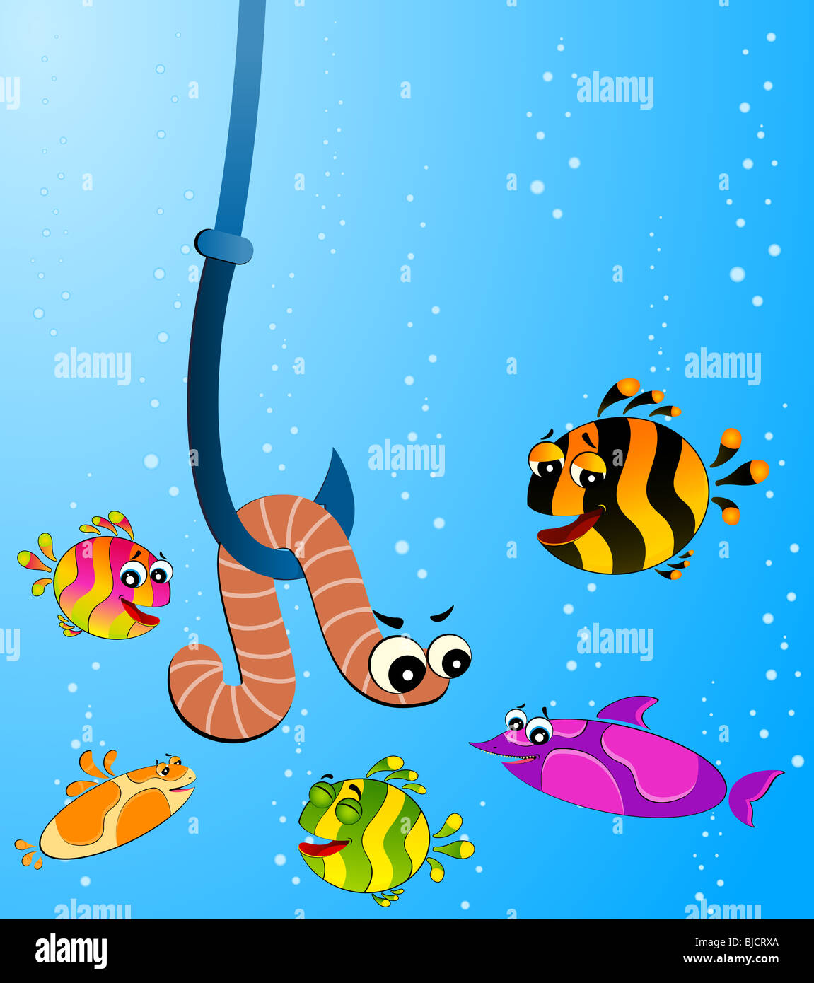 Poco cartoon funny fish mangia un worm Foto Stock