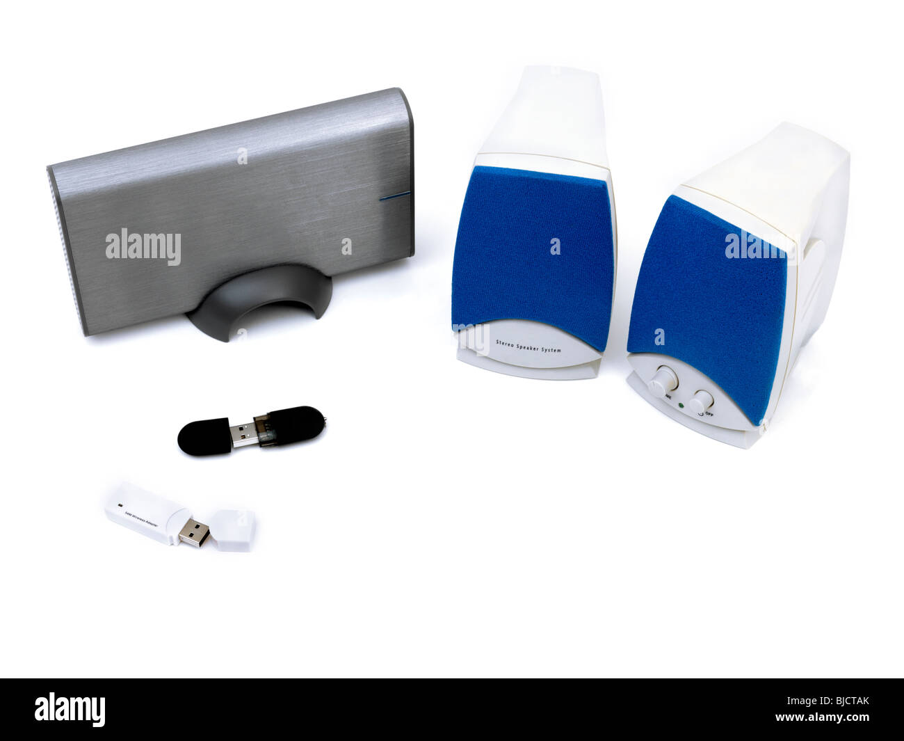 Disco rigido esterno, altoparlanti, dongle wireless USB Flash Drive Tagliare Foto Stock