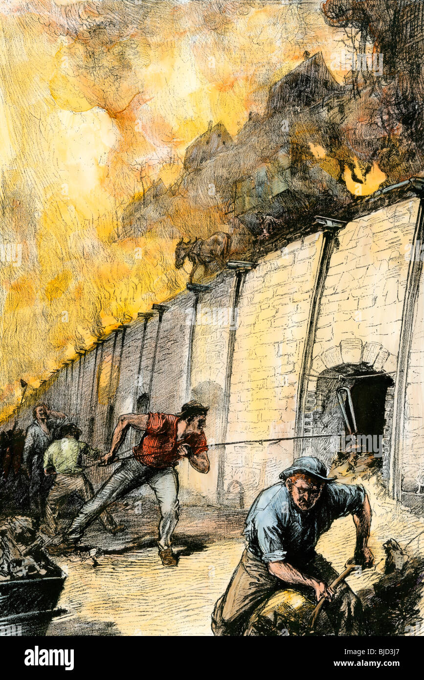 Lavoratori di acciaio a Pittsburgh forni a coke, mostrando le loro abitazioni sulla collina, 1880. Colorate a mano la xilografia Foto Stock