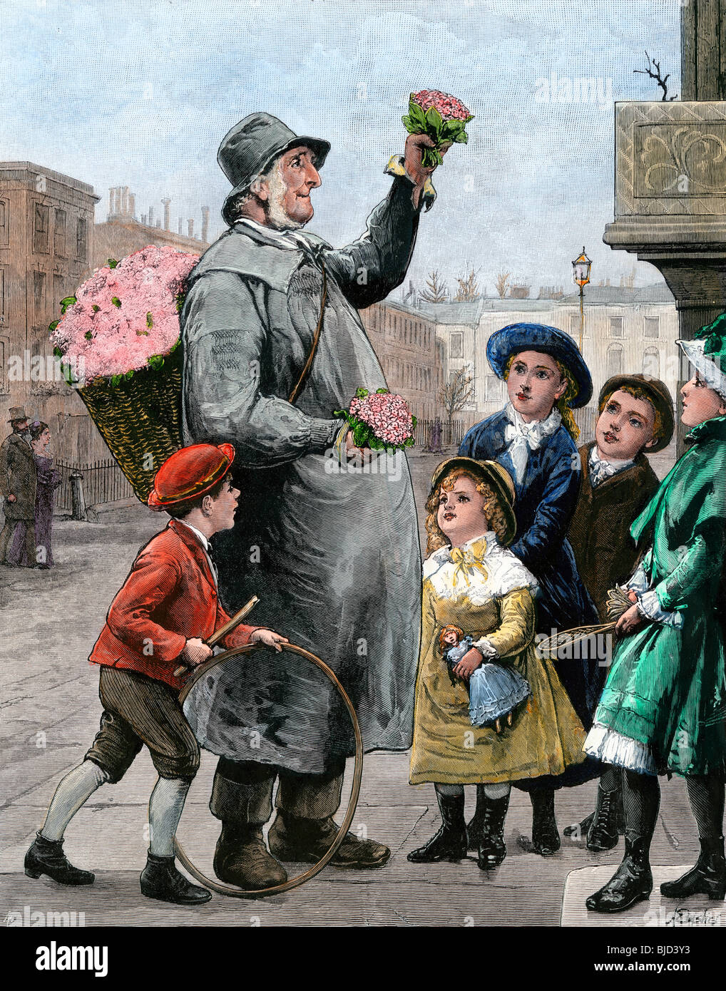 Fiore-venditore circondato da bambini su una strada di Londra-corner, 1880. Colorate a mano la xilografia Foto Stock