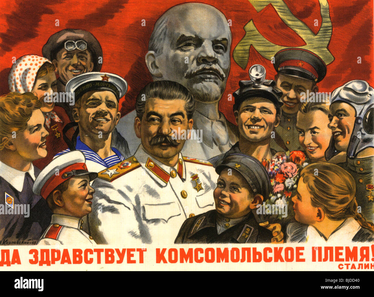JOSEPH STALIN - 1948 URSS poster mostra Stalin circondato da ammiratori e lo slogan "Viva la generazione Komsomol !" Foto Stock