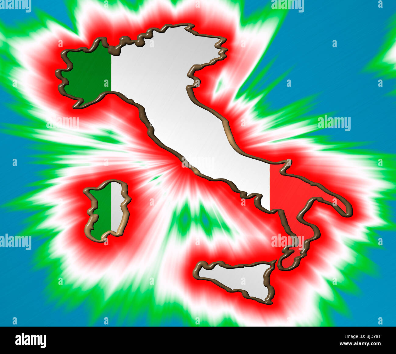 Mappa di Italia su una bandiera italiana su sfondo blu con flair patriottica intorno ad esso Foto Stock