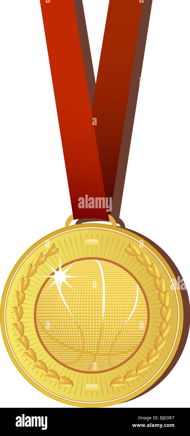 Medaglia d'oro con basket design e nastro rosso Foto Stock